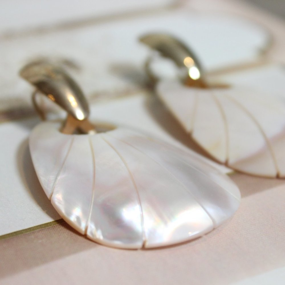 🍓🍓1980's Vintage Abalone Shell Mother Of Pearl Oval Statement Earrings - Picture 10 of 12